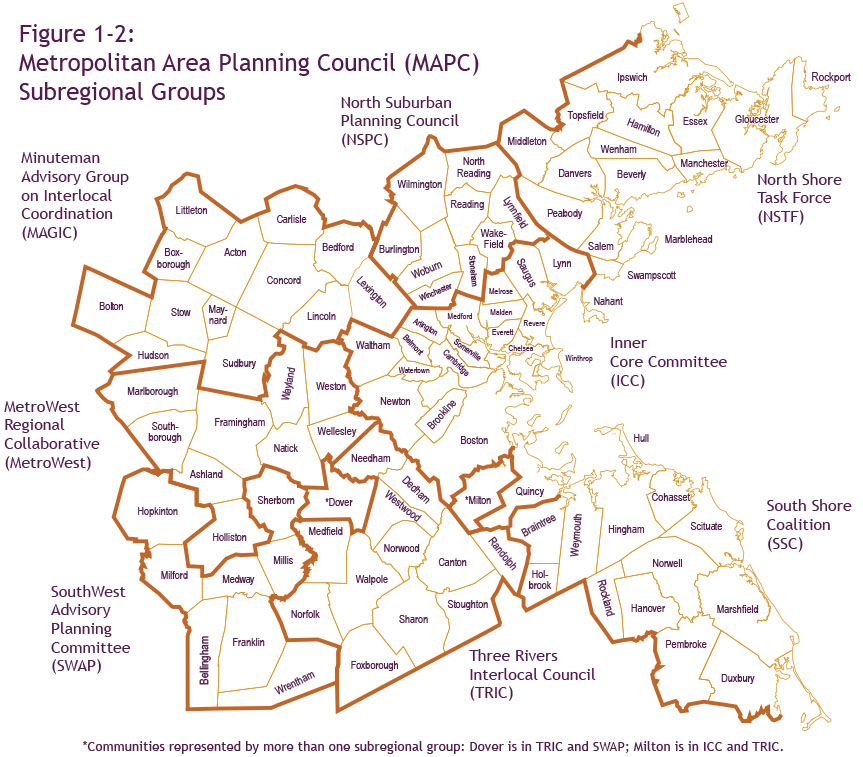 Figure 1-2: Metropolitan Area Planning Council (MAPC) Subregional Groups 
This map shows how the 101 municipalities in the Boston Region MPO region are located in eight MAPC subregions, which are represented by subregional groups. These subregional groups include the Inner Core Committee (ICC), the MetroWest Regional Collaborative (MetroWest), the Minuteman Advisory Group on Interlocal Coordination (MAGIC), the North Suburban Planning Council (NSPC), the North Shore Task Force (NSTF), the South Shore Coalition (SSC), the SouthWest Advisory Planning Committee (SWAP), and the Three Rivers Interlocal Council (TRIC). Two communities are represented by more than one subregional group; Dover is in TRIC and SWAP, and Milton is in ICC and TRIC.
